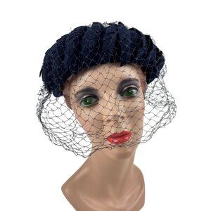 Vintage 50s Navy Hat Blue Veil Wool Scaled Calot Starling